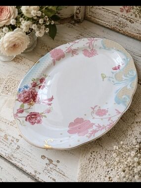 Shabby Cottagecore Porcelain Oval Serving Platter with Pink Roses & Gold Trim